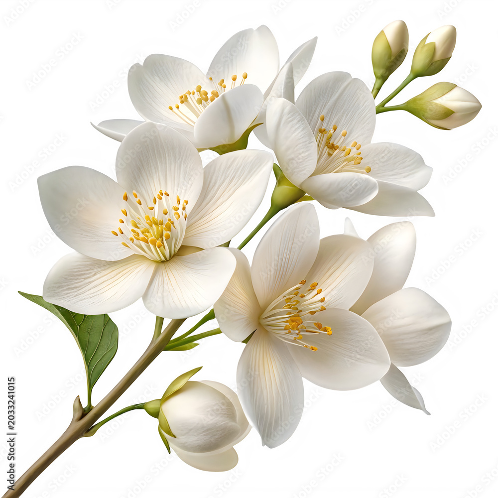 Naklejka premium Beautiful white flowers with yellow stamens on a branch isolated on transparent background