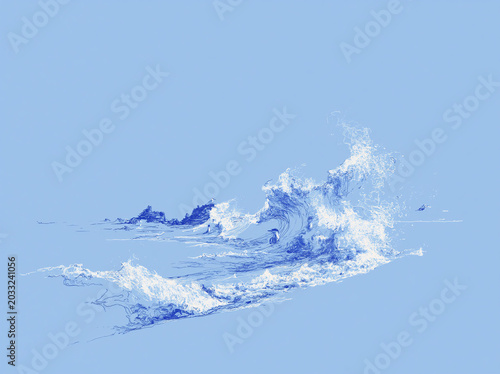 A delicate blue line-art wave with birds blends seamlessly into a light blue background, evoking calm coastal serenity.