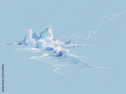 A delicate blue line-art wave with birds blends seamlessly into a light blue background, evoking calm coastal serenity.