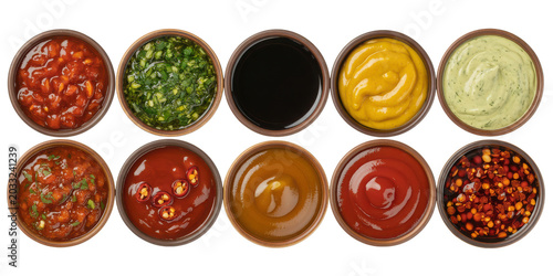 Assorted condiments and sauces in bowls isolated on transparent background