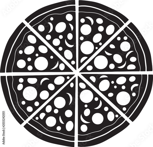 Black and white of pizza sliced into four equal parts, with toppings also transparent background, four parts