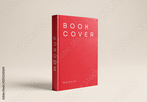 Hardcover Red Book Mockup Standing in Perspective View on Off White Background for Literature and Novel Cover Showcase