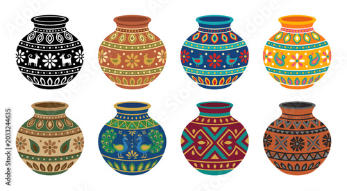 Schilderij op canvas ornate pottery collection colorful earthenware vases on white background