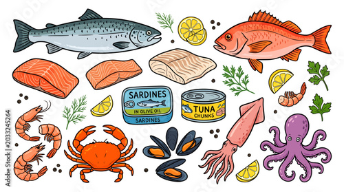 Bild auf Leinwand Seafood variety illustration fresh fish shellfish and canned options