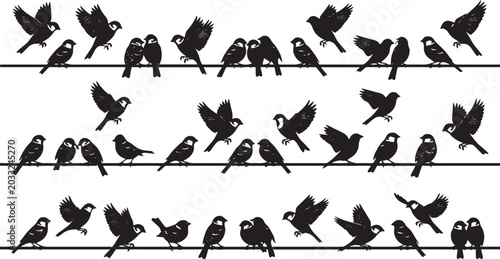 Flock of birds sitting and flying on power lines silhouette collection icon set, sparrow characters flat vector illustration on white background.