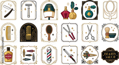 Foto Art Deco Vintage Salon Icon Vector Set Featuring Straight Razor Perfume Atomizer
