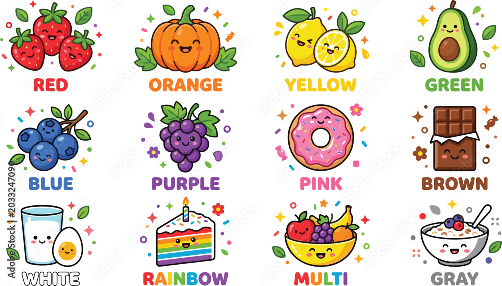 Fototapeta premium Kawaii Food Color Learning Vector Set Featuring Rainbow Cake Fruit and Vegetable Characters for Early Childhood Education and Preschool Branding