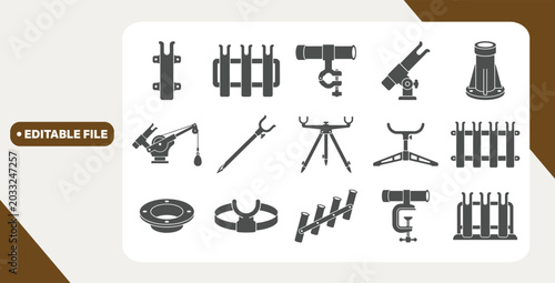 Foto Fishing rod holder icons showing mounting and support types on white