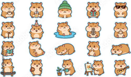 Cuadro en lienzo Cute cartoon hamster character sticker set featuring the little rodent painting playing guitar reading books skateboarding eating snacks and watering plants vectors
