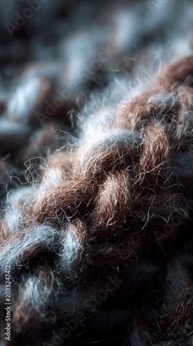 Close up view of a heavy winter knit garment texture showing intricate yarn loops and soft threads, face hidden, Generative AI illustrations.
