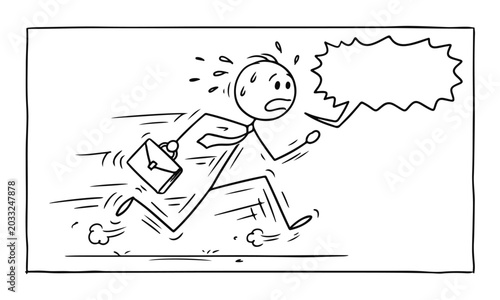 Cartoon Stickman Businessman Running Late and Stressed with Empty Speech Bubble