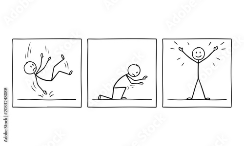 Hand-drawn Stick Figure Illustration of Falling, Getting Up, and Achieving Success