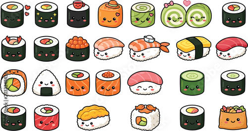 Fotografía Cute Japanese food sushi and sashimi cartoon character icon set featuring maki roll nigiri onigiri salmon tuna and shrimp roll vectors