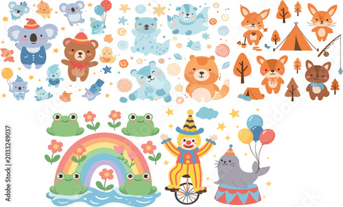 Photography Cute cartoon animal and fantasy doodle collection with koalas, foxes, frogs, cir