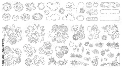 Foto CAD landscape plants top view line drawing collection, outline shrubs grasses le