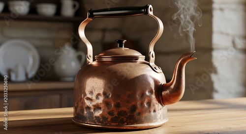 Steaming copper kettle on wooden counter, rustic kitchen ambiance