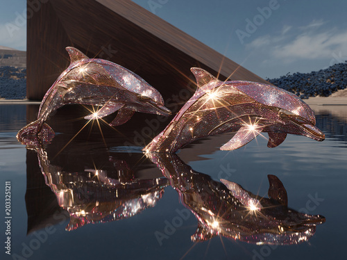 Two sparkling crystal dolphins leap above water, their glittering forms mirrored in the calm surface.