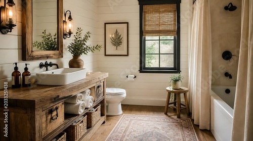 Rustic Farmhouse Bathroom with Wooden Vanity and Bathtub.