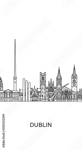 Stylized line drawing of a city skyline with various architectural styles and a prominent spire
