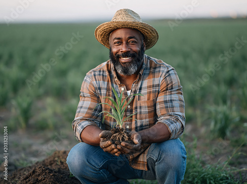 A smiling farmer holds a young plant in cupped hands, standing in a sunlit green crop field, symbolizing growth and hope.