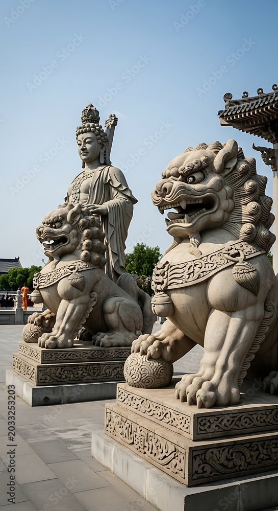 Fototapeta premium Stone guardian lions and serene deity statue at temple entrance