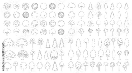 Foto CAD trees line drawing collection, top view and side view outline tree symbols f