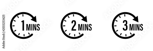 Foto Timer icons for 1, 2, and 3 minutes with clock faces and curved arrows vector