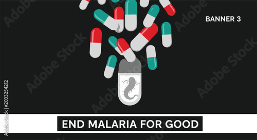 Quadro su tela World Malaria Day vector banner with falling medical antibiotic capsules and mosquito silhouette inside a pill for end malaria for good concept