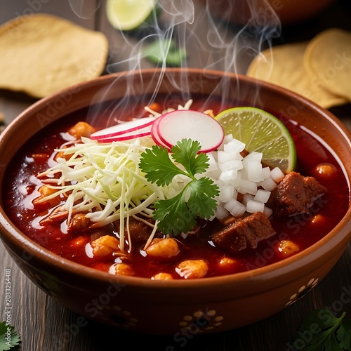 Steaming hearty Mexican stew in a rustic bowl, garnished with fresh lime, radishes, onion, and cilantro