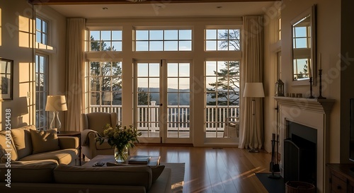 Sunny living room with large windows and scenic view