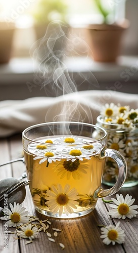 Steaming herbal tea in a glass mug surrounded by fresh chamomile flowers
