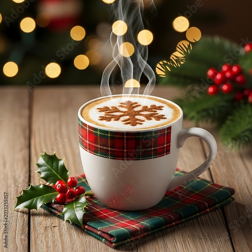 Steaming holiday coffee cup with snowflake art, festive lights, and greenery