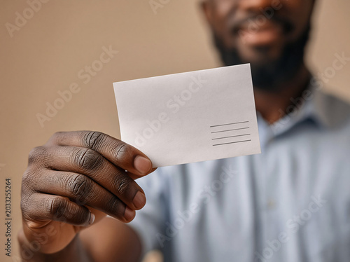 A man holds a blank white card directly to the camera, leaving it ready for your custom message or design.