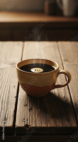 Steaming hot black coffee in a rustic ceramic mug on a wooden table