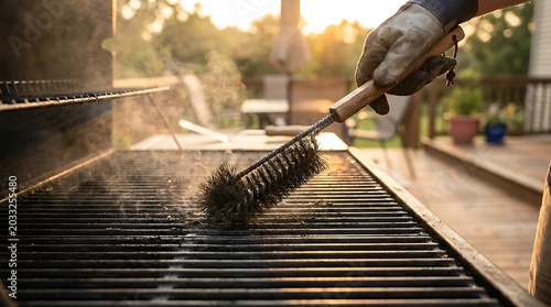 Cleaning a barbecue grill with a wire brush. Warm sunset light illuminates the scene