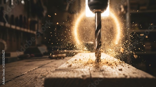 Close up of a drill bit creating sawdust as it bores into a piece of wood. Sparks fly around the drill bit, creating a magical glow effect, suggesting power and precision