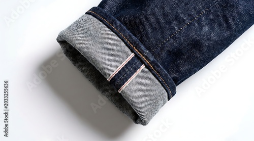 A close-up shot of dark indigo denim jeans, cuffed to reveal the selvedge edge with pink and white threads. The fabric shows a subtle texture, suggesting quality and craftsmanship
