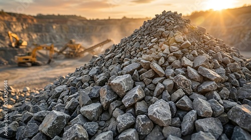 A vast quarry landscape filled with heaps of stones and heavy machinery operating under a dramatic sunset sky. The scene depicts industrial activity in a rocky terrain