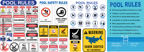 Fotografie Swimming Pool Safety Sign Collection Rules Warning Labels and Instruction Symbol