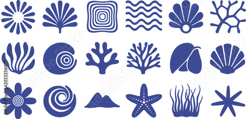 Bild auf Leinwand Blue Abstract Icons of Marine Life and Natural Elements on White Background shel