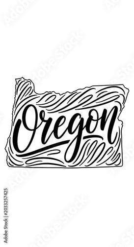 Stylized outline of Oregon state filled with flowing script 