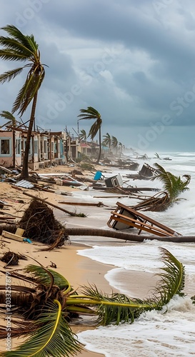 Storm-ravaged coastline with damaged buildings, debris, and uprooted palm trees