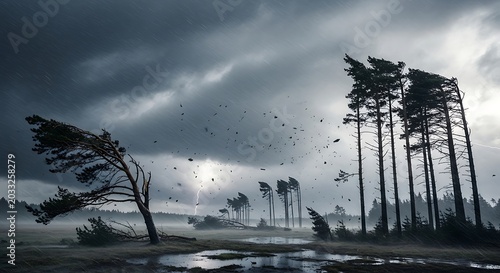 Stormy landscape with bent trees, lightning, heavy rain, and debris flying
