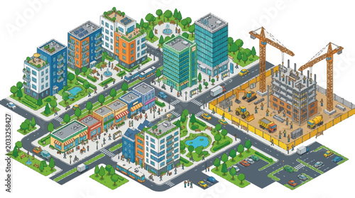 Obraz na płótnie Isometric cityscape illustrating urban development, including residential buildi
