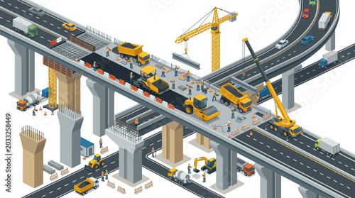 Construction of an elevated highway with heavy machinery and workers in an isometric view, showcasing infrastructure development