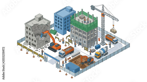 Construction site with buildings under demolition and new construction, featuring excavators, cranes, and trucks in an isometric view