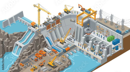 Fotografie Illustration of a hydroelectric dam construction site with turbines, cranes, and