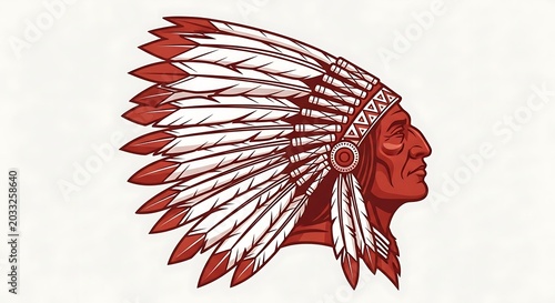 Stylized profile of a person wearing a feathered headdress, red and white