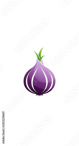 Stylized purple onion with green sprouts, isolated on white