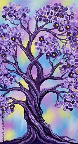 Stylized purple tree with vibrant, abstract, multicolored background